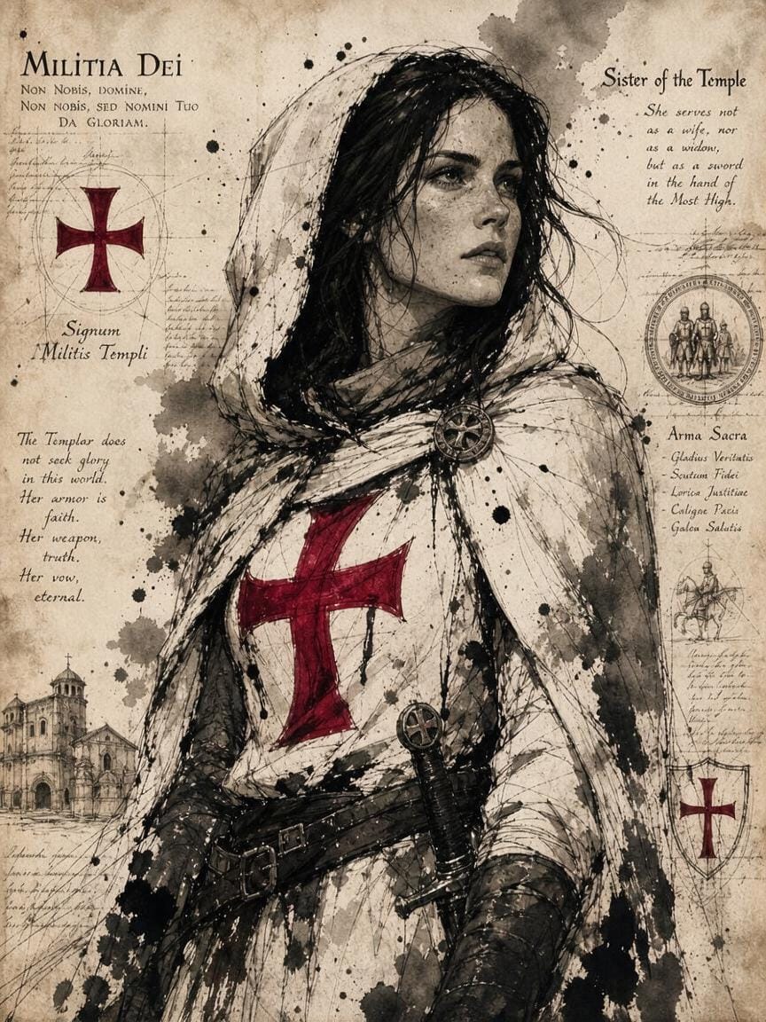 [Female Templar Sister of the Temple in red cross hooded robes, illustrated on stained aged parchment with medieval text a...