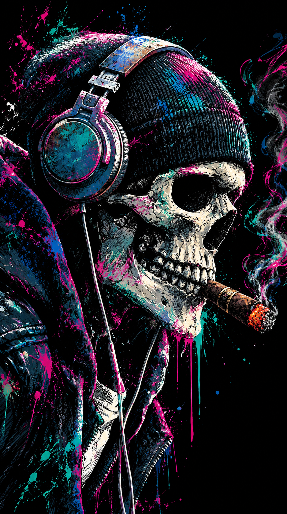 Grunge skull wearing a beanie and headphones smoking a lit cigar over neon splatter background