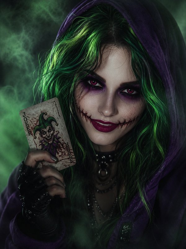 Woman in a dark purple hood with green hair, holding a stained Joker card and sinister smile.