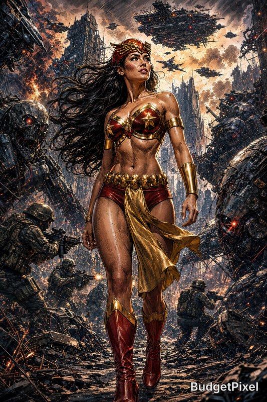 Fierce Wonder Woman-inspired warrior strides through a ruined city amid battles and war machines.