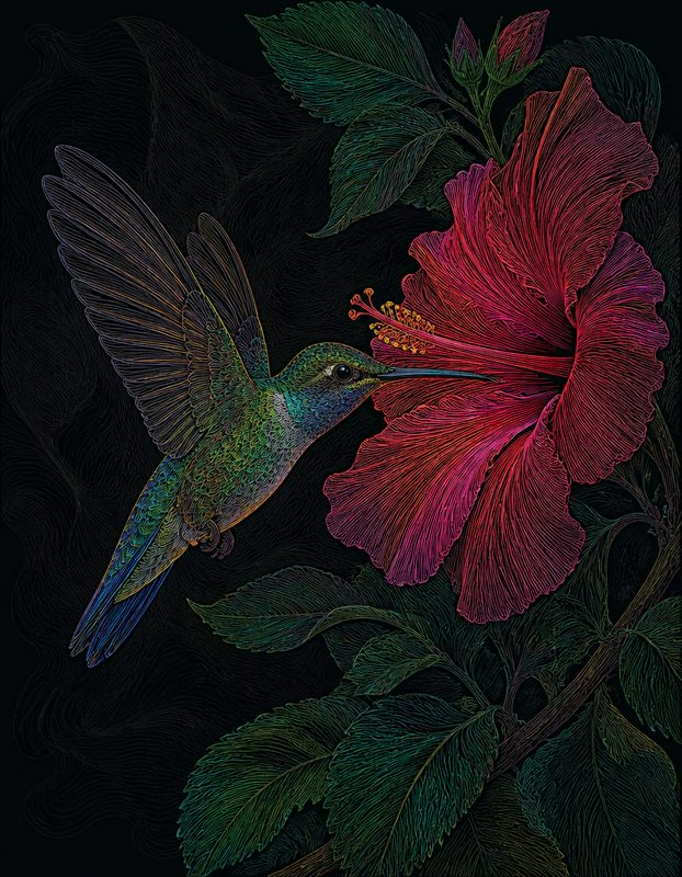 Intricate line art of a hovering iridescent hummingbird feeding from a large red hibiscus flower against a dark black