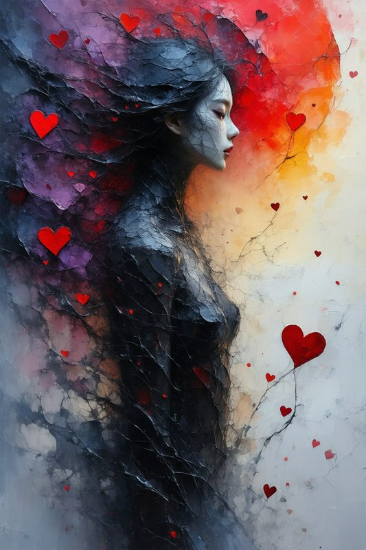 [Ethereal cracked texture profile portrait of a woman surrounded by floating red hearts against a vibrant gradient waterco...