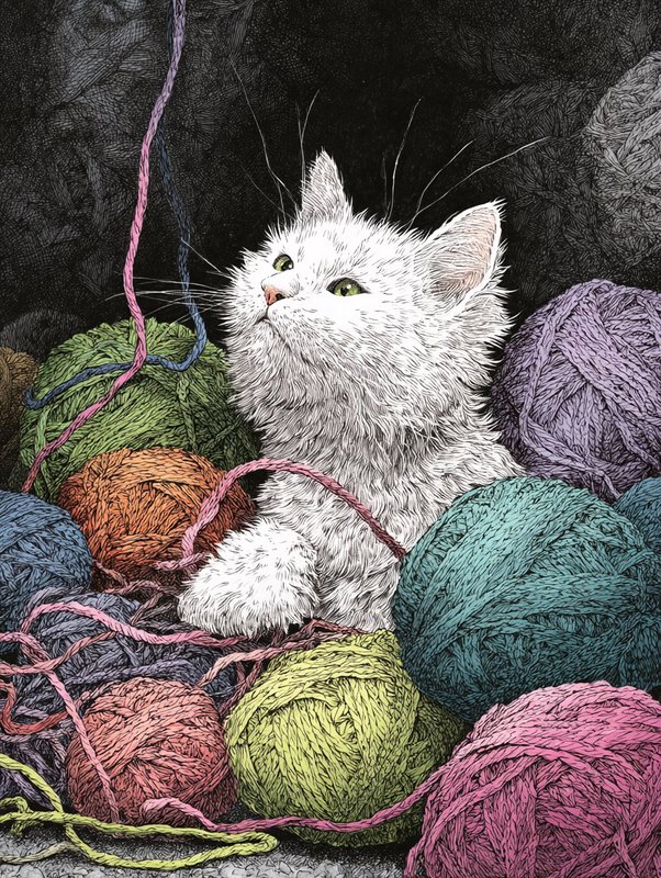 Pen illustration of fluffy white green-eyed kitten sitting among colorful yarn balls, staring up at dangling yarn strands.