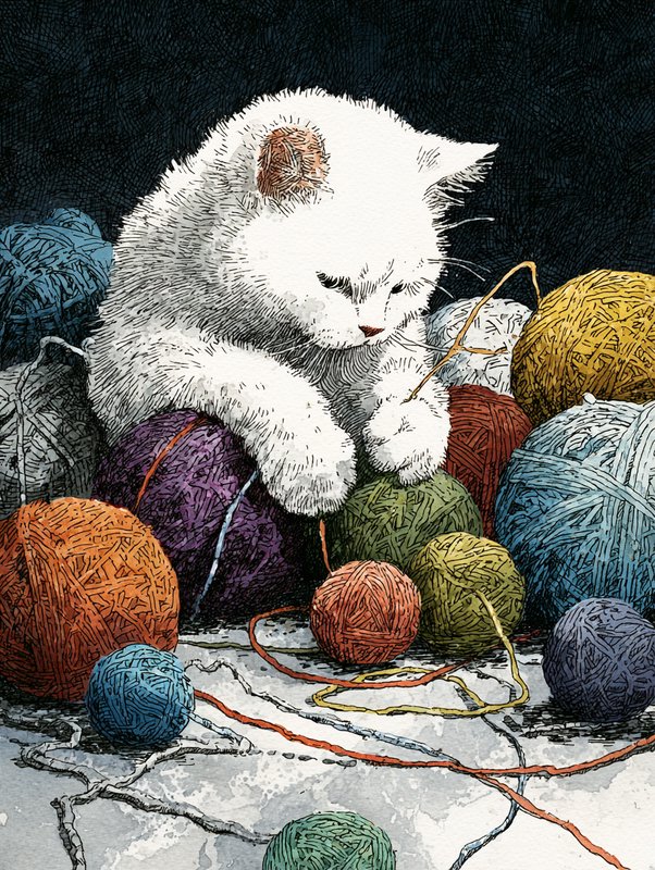 Illustrated fluffy white kitten playing with scattered colorful yarn balls against a dark crosshatched background