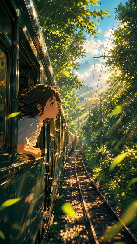 Anime girl leans out of a moving vintage train window, gazing at sun-dappled forest railway tracks on a bright golden