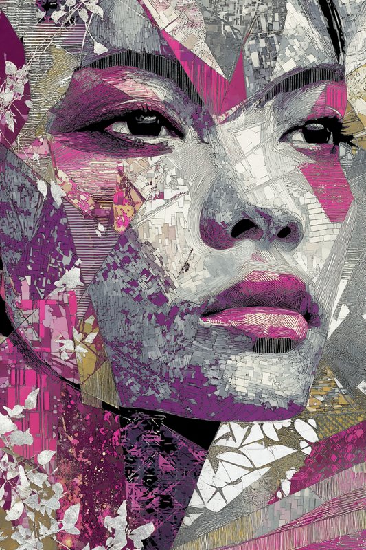 [Closeup geometric mosaic portrait of a woman, rendered in bold magenta, gray, and purple tones with delicate sketched flo...