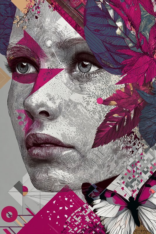 [Surreal crosshatch portrait of a woman with magenta geometric accents, botanical foliage, and butterfly details]
