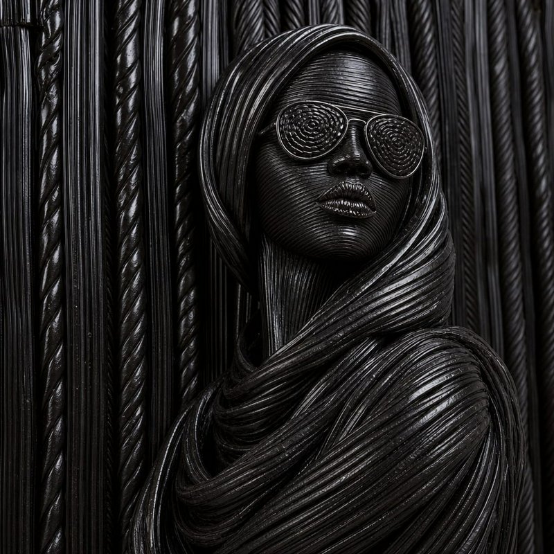 Glossy twisted black wire sculpture of a hooded woman wearing spiral-patterned sunglasses against a matching corded
