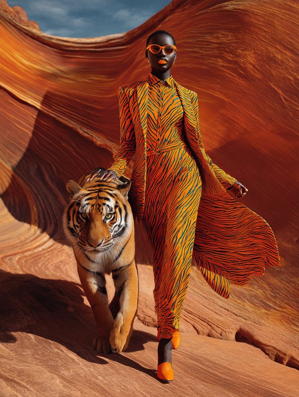 High fashion portrait of a Black woman in a tiger print suit walking beside a tiger in a swirling red sandstone canyon