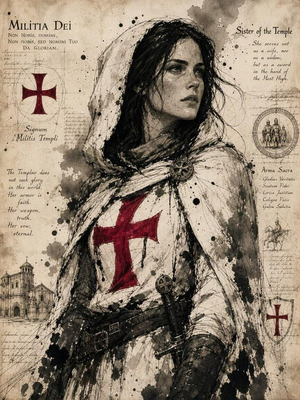 Female Templar Sister of the Temple in red cross hooded robes, illustrated on stained aged parchment with medieval text