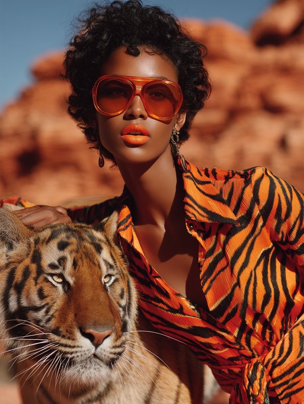 Stylish Black woman in tiger print top and orange sunglasses posing with a tiger in a red rock de...