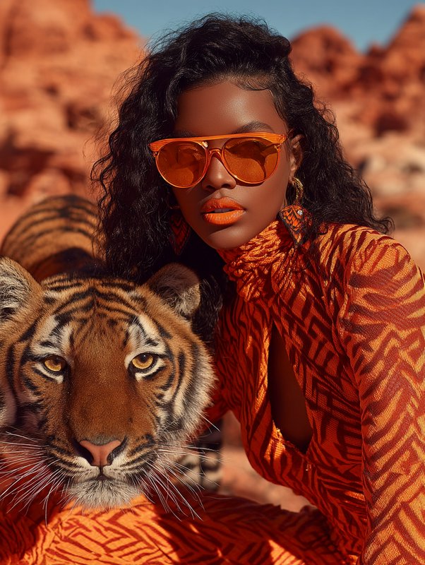 Fashion portrait of stylish Black woman in orange apparel posing beside a tiger in a red desert r...