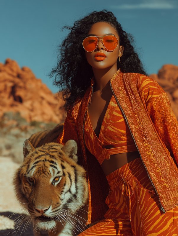 Glamorous woman in orange tiger-print attire and tinted sunglasses poses with a tiger in a sunlit...