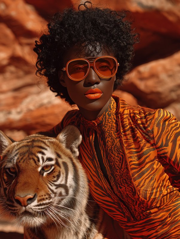 Stylish Black woman in orange tinted sunglasses and tiger print top poses beside a tiger against ...