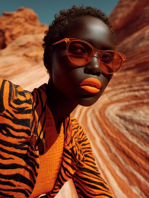 Stylish Black model in orange cat-eye sunglasses and tiger stripe top poses in swirling desert sa...