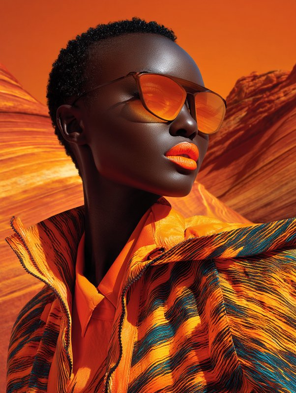 High fashion portrait of dark-skinned Black woman in orange sunglasses against orange sandstone d...