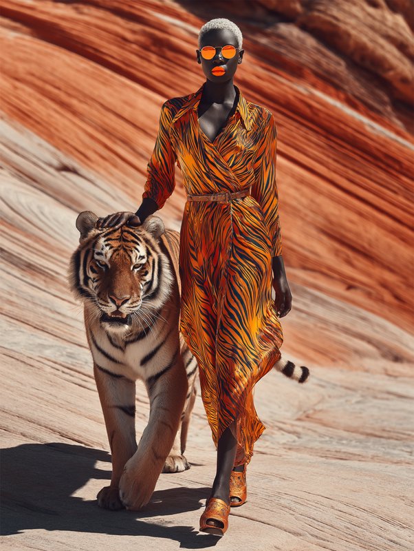 Stylish dark-skinned model in tiger print dress walks with a real tiger across layered red sandst...