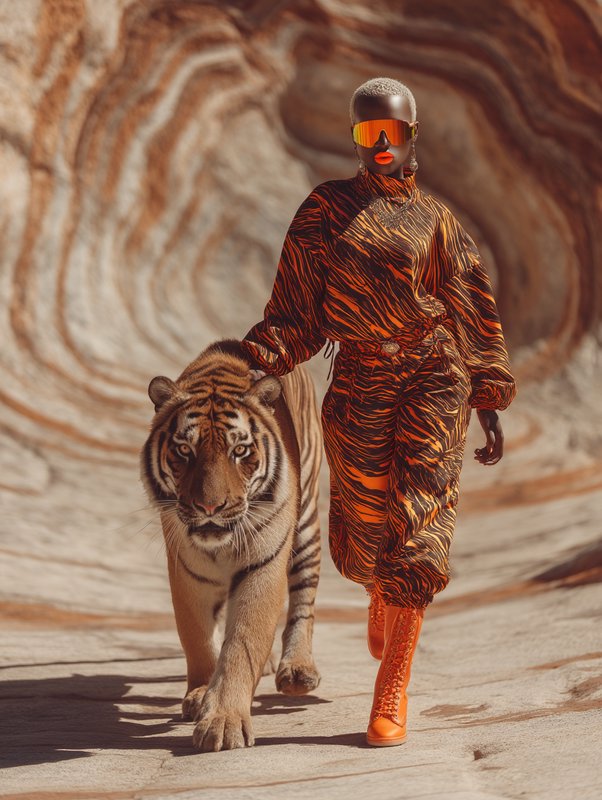 Dark-skinned fashion model in tiger print coord walks with a Bengal tiger through a swirling sand...