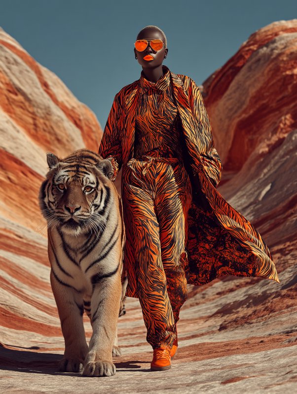 Confident high fashion model in tiger print outfit walks beside a real tiger in a red striped des...
