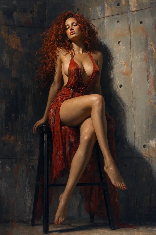 Figurative oil painting of a woman with curly red hair in a red halter gown seated on a tall wood...