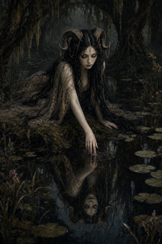Horned dark fantasy fae woman reaches to touch her reflection in still, lily-dotted swamp water i...