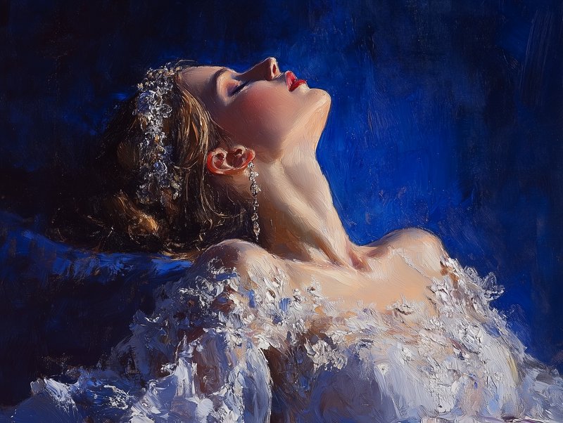 Impressionist oil portrait of a bride tilting her head back, eyes closed, against a deep rich blue painted background.