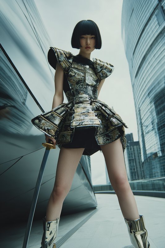 Low angle shot of a woman in metallic warrior couture holding a sword, standing between modern ur...
