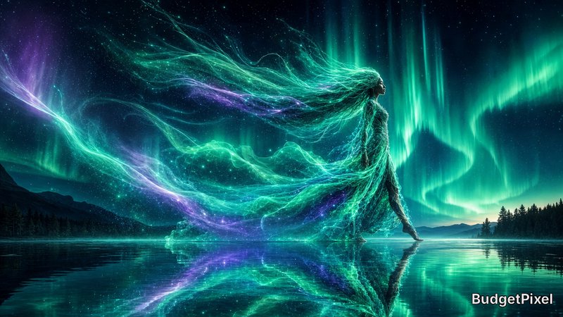 Ethereal glowing aurora spirit woman walks across a still reflective lake beneath swirling green ...