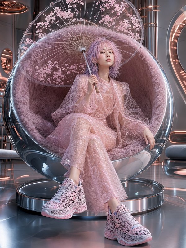 Pastel purple haired woman in pink sheer gown sits in plush chrome egg chair holding cherry bloss...