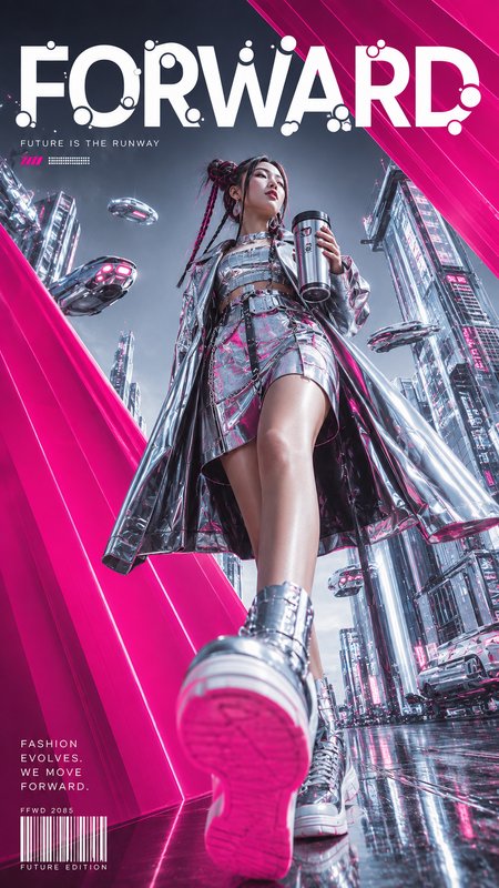Futuristic FORWARD fashion magazine cover, model in silver cyberpunk attire walks through a neon ...