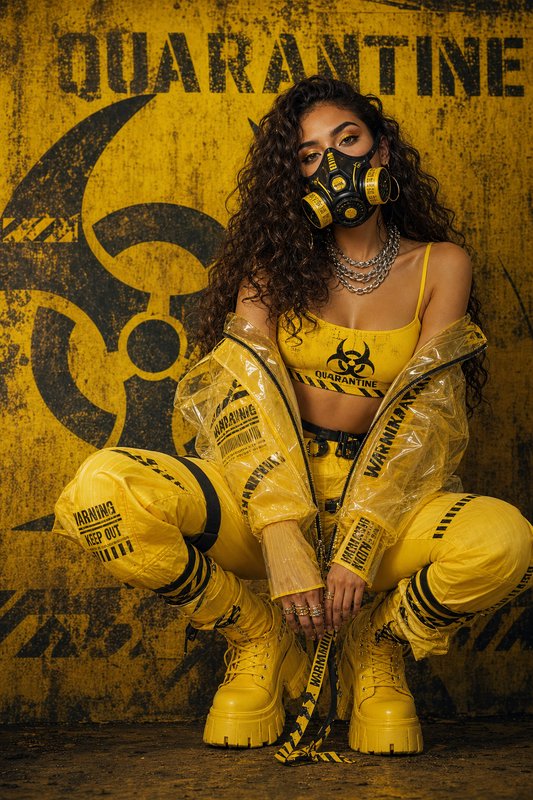 Woman in yellow biohazard quarantine streetwear with a gas mask crouches against a grunge hazard-...