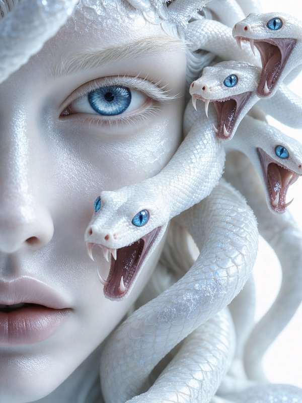 Close-up portrait of pale albino Medusa with bright blue eyes, surrounded by fanged white serpent...