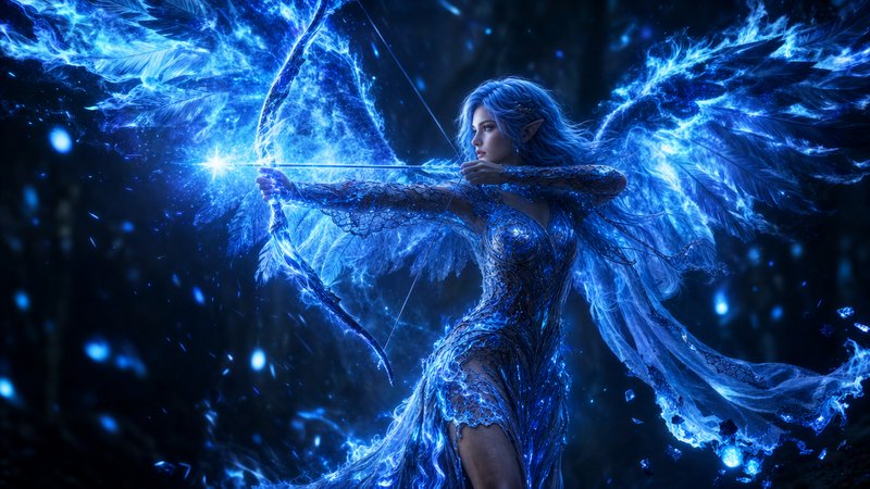 Winged elven archer draws a glowing magical bow, wreathed in ethereal blue arcane energy with glo...