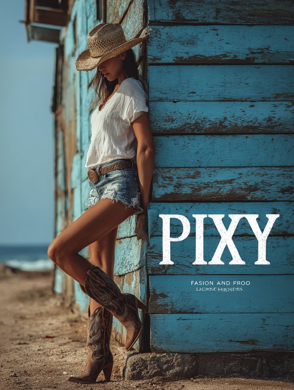 Woman in straw cowboy hat, denim shorts and leather boots leans against weathered turquoise beach...
