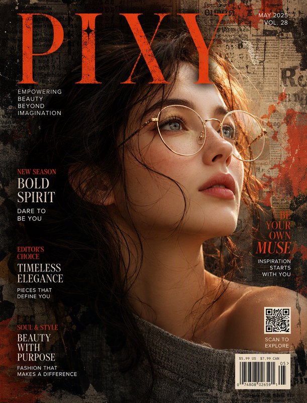 PIXY May 2025 fashion magazine cover, closeup portrait of a young woman wearing round gold eyegla...