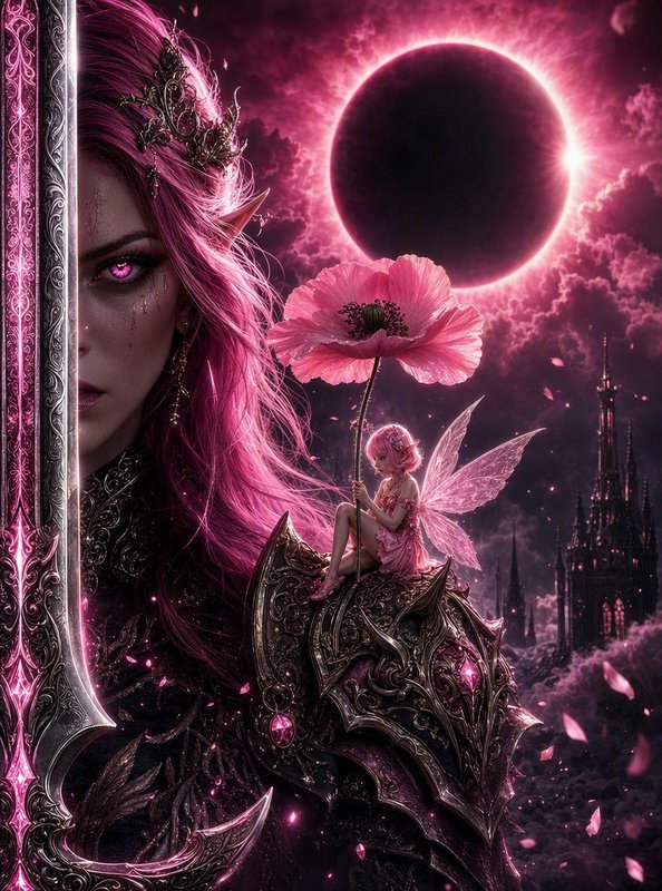 Close-up of pink-haired elven warrior with an ornate enchanted sword, tiny fairy on her armor und...