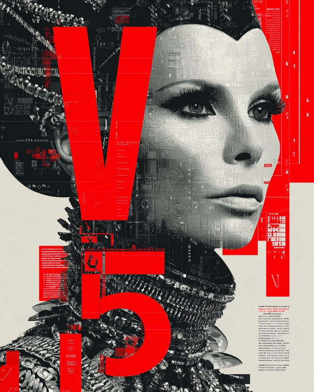 Futuristic cyberpunk female portrait with bold red typography overlay, circuit board details, hig...