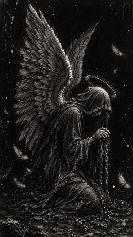 Gothic monochrome art of a kneeling hooded fallen angel holding broken chains, with large feather...
