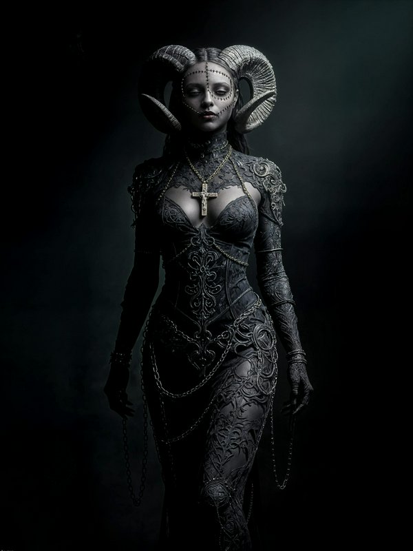 Horned gothic fantasy woman with ram horns, ornate black lace gown, and cross pendant against dar...