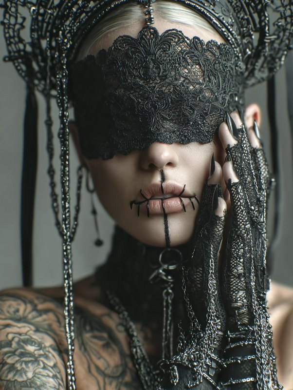 Close-up portrait of a gothic woman wearing an ornate black headdress, lace blindfold, stitched l...
