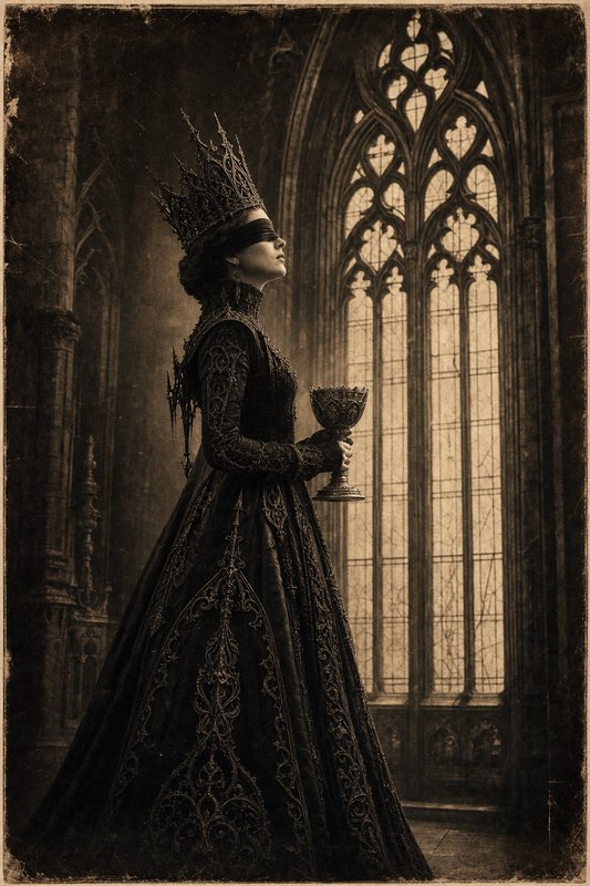 Sepia vintage portrait of blindfolded gothic queen with ornate spiked crown holding a chalice, st...