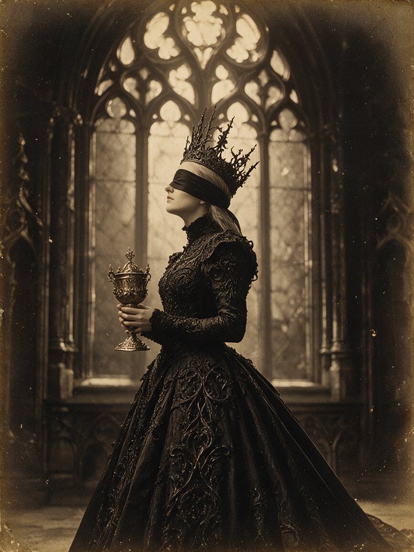 Blindfolded gothic queen with thorny crown holds ornate chalice, standing before a carved cathedr...