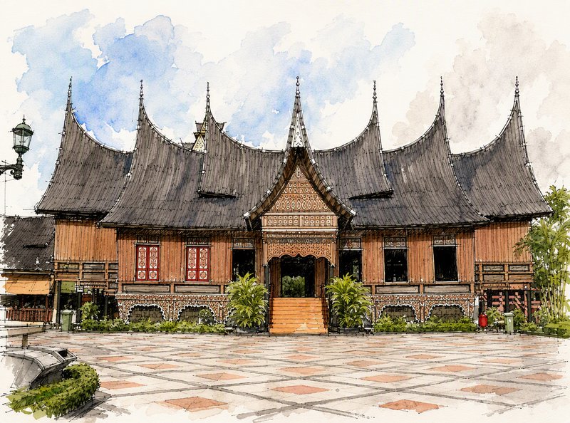 Watercolor sketch of traditional Minangkabau Rumah Gadang wooden building with iconic curved horn...