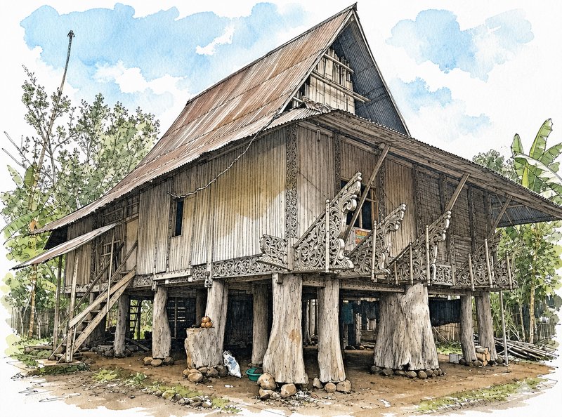 Watercolor illustration of an ornate carved traditional wooden stilt longhouse in a tropical rura...
