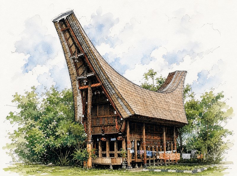 Pen and watercolor illustration of a traditional Toraja tongkonan stilt house surrounded by lush ...