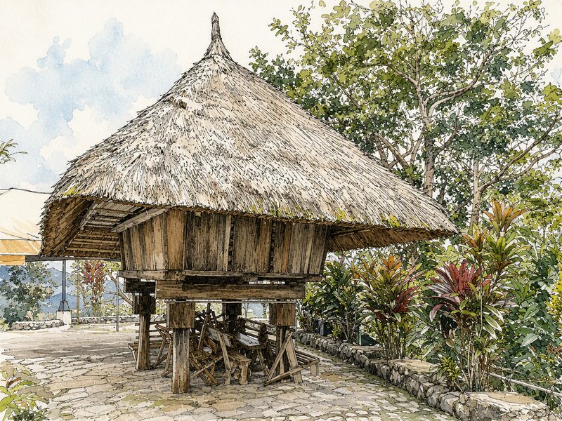 [Watercolor illustration of a stilted traditional thatched hut surrounded by lush tropical foliage on a stone patio]