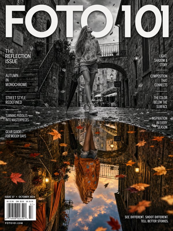 FOTO 101 photography magazine cover featuring surreal split reflection art of a woman on a rainy ...