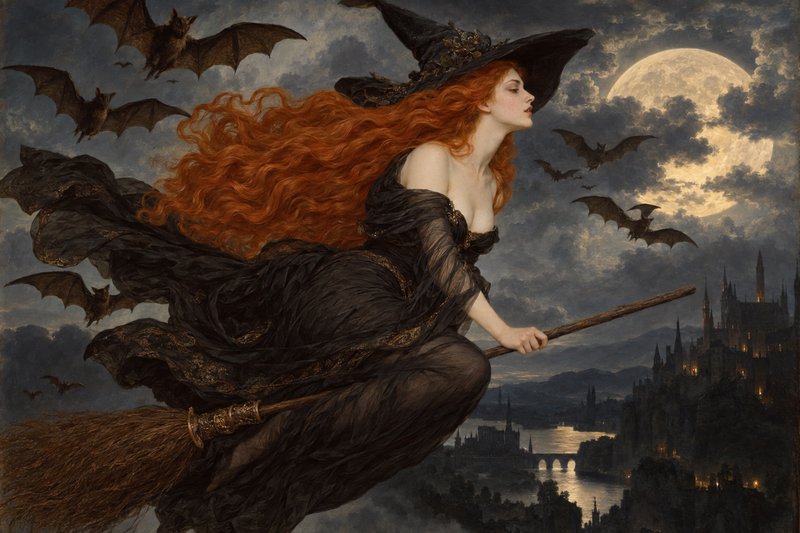[Pre-Raphaelite painting of a long red-haired witch flying on a broomstick under a full moon, surrounded by bats over a go...