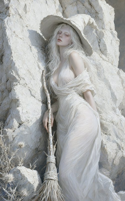 Ethereal pale white witch in a flowing gown and wide brim hat leans against rocky cliffs holding ...