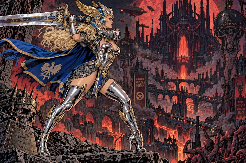 Winged valkyrie warrior holds an ornate greatsword while standing over a fiery dark fantasy industrial hellscape